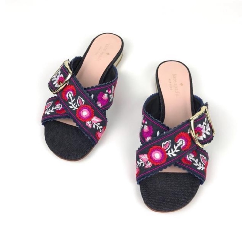 NIB Kate Spade Denim/Multi-color Embroidery Faris Slide Sandals